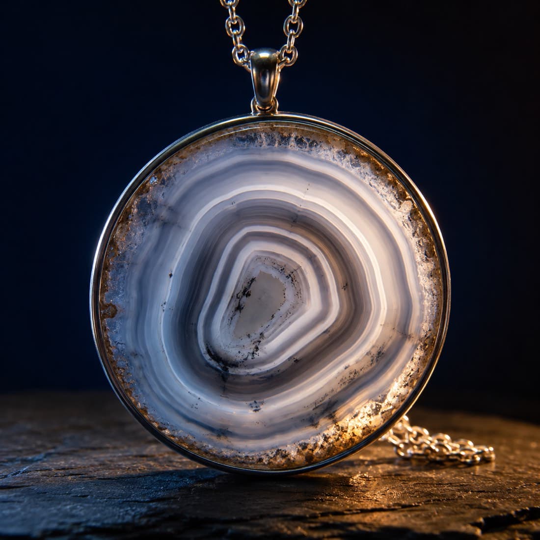 Agate Slice Cabochon Pendant — A polished agate slice showing its banding, set in a silver surround.