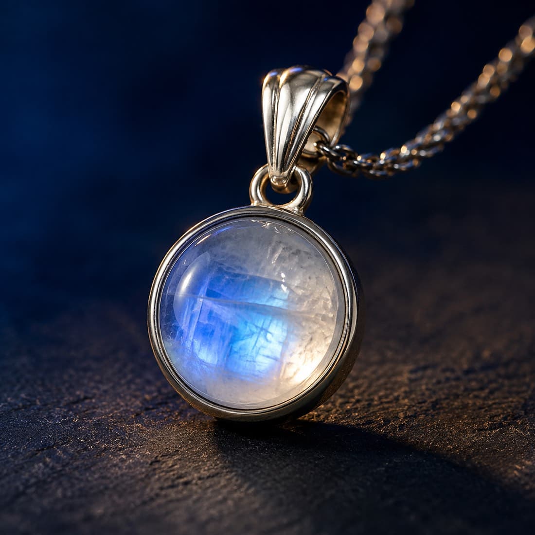 Moonstone Cabochon Pendant 8 mm — Untreated moonstone cabochon with blue adularescence.