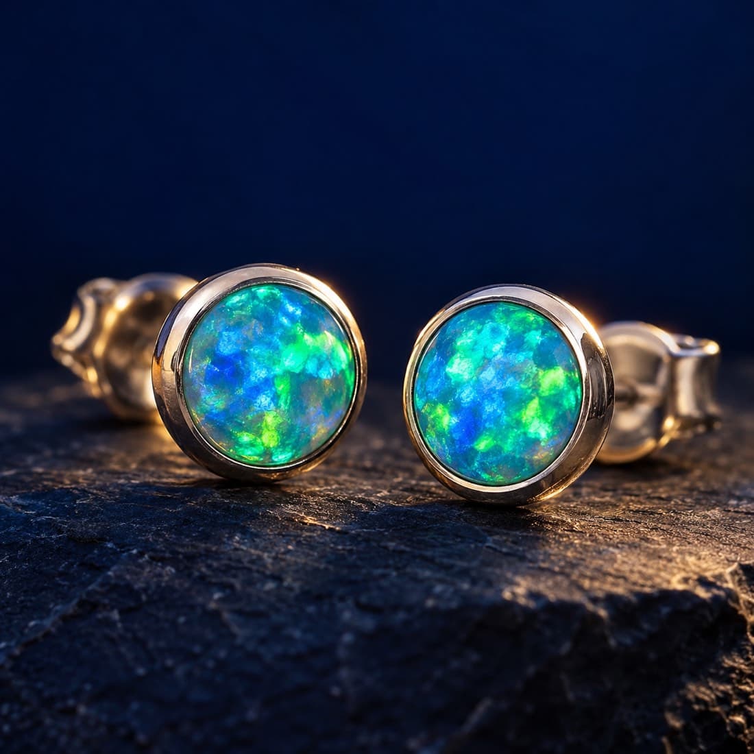 Opal Stud Pair 5 mm — Solid opal cabochons on silver posts. Delicate grade.
