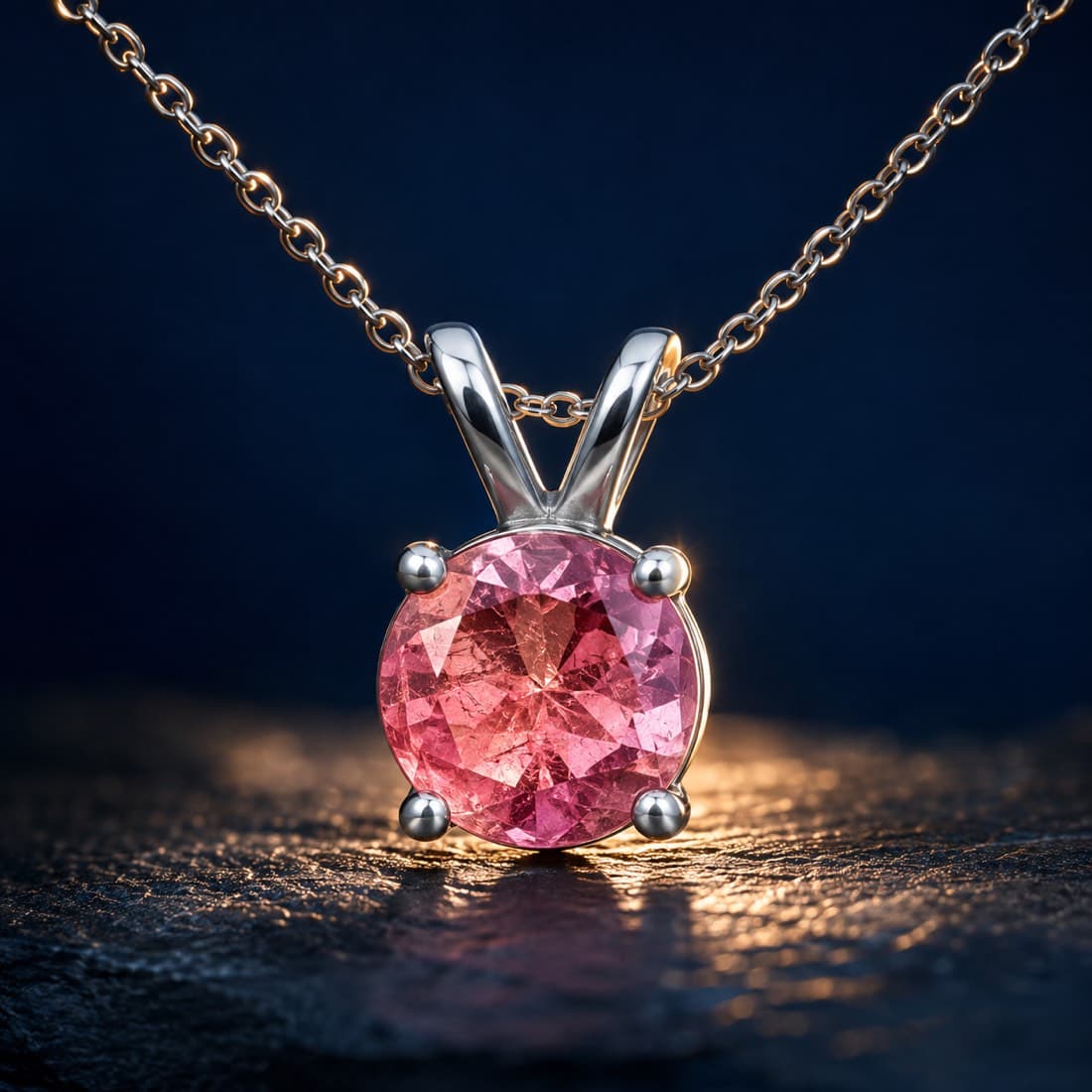 Pink Tourmaline Pendant 6 mm — Heated pink tourmaline, claw-set, on a silver trace chain.