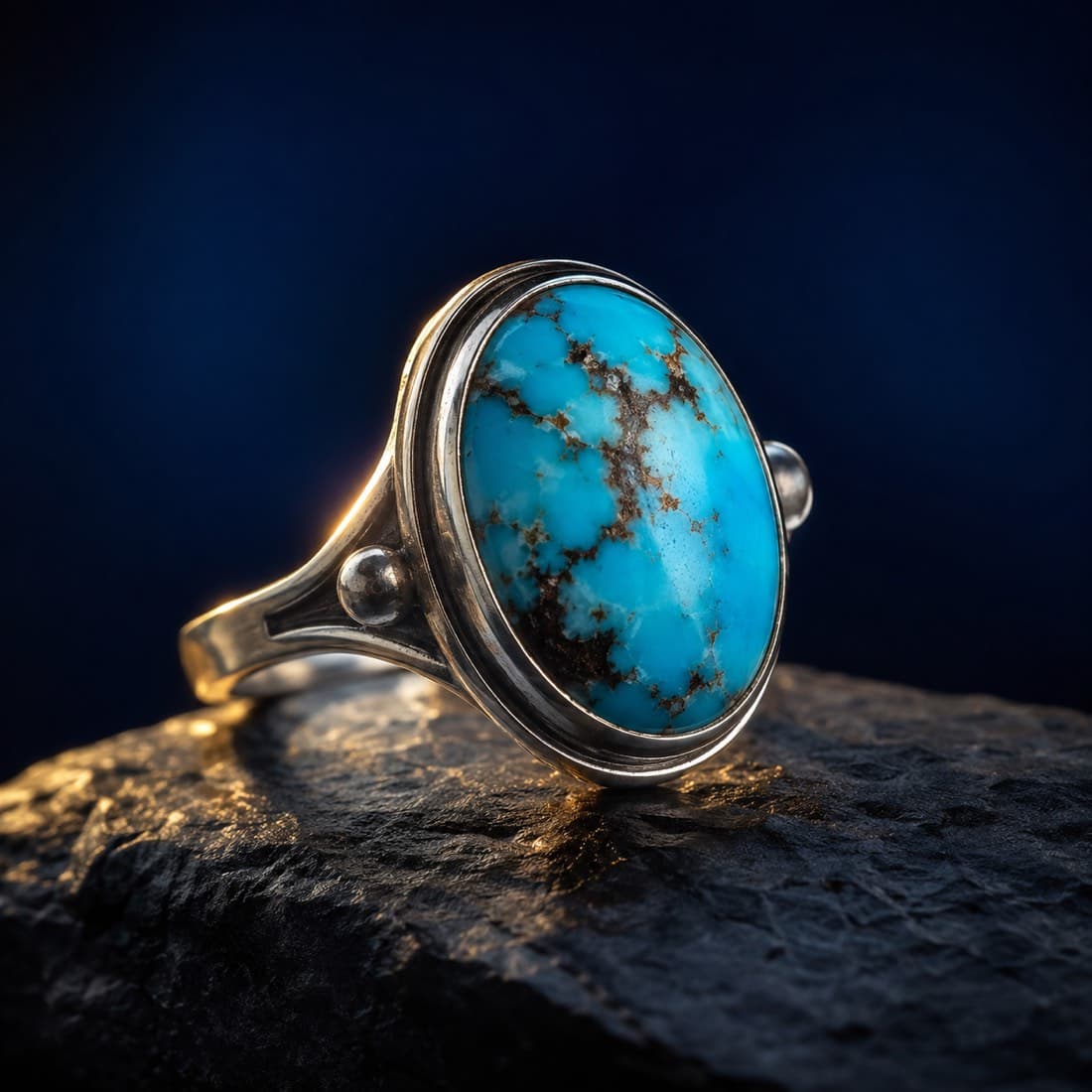 Turquoise Cabochon Ring 10 mm — Stabilised turquoise cabochon in a raised silver bezel.