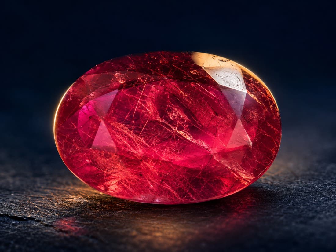 Extreme macro through the table of a natural ruby showing dense silk needle inclusions and a healed fracture plane catching the light