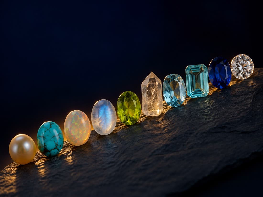 Ten mineral specimens arranged in a rising line from pearl at the soft end to a brilliant-cut diamond at the hard end