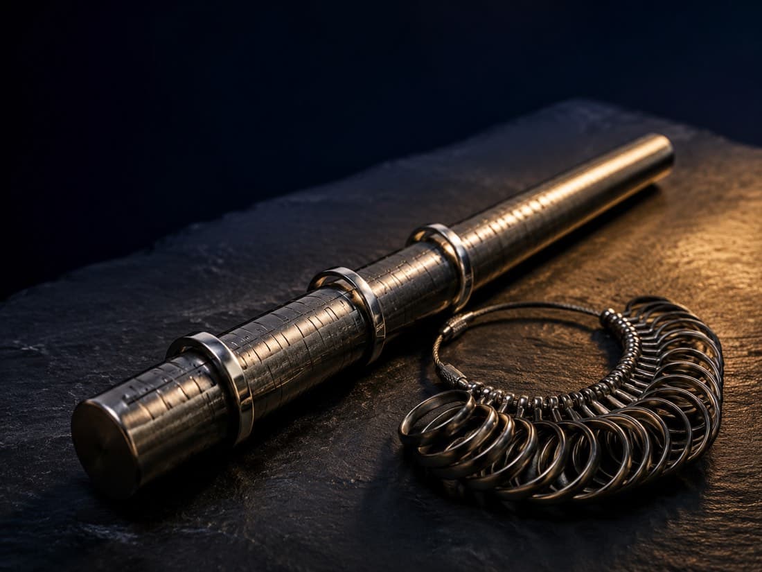 A steel ring sizing mandrel lying diagonally on dark slate with plain silver bands resting along it and a fanned set of steel ring gauges beside it