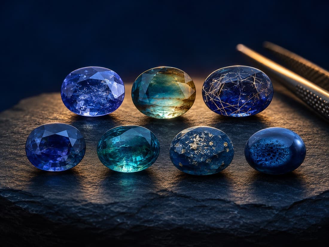 Seven loose gemstones laid out in a laboratory grid, each showing a different treatment state