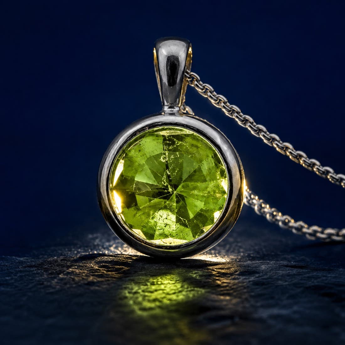 Peridot Pendant 7 mm — Untreated peridot, the one colour it comes in, bezel-set in silver.